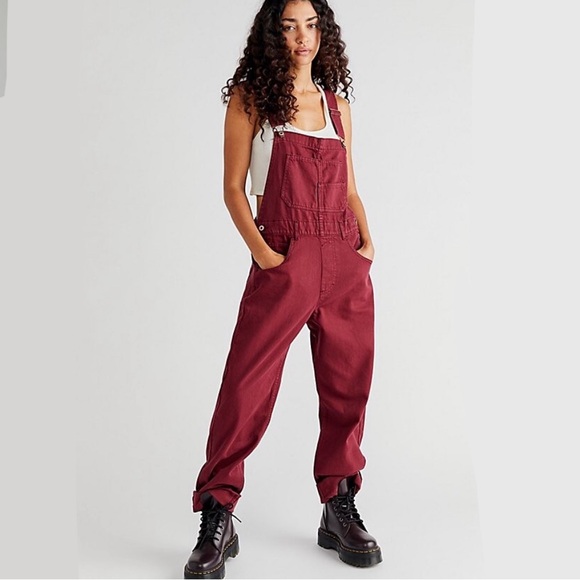 Free People Denim - We the Free Ziggy Denim Overalls Size Small Maroon Banner Retro Slouchy